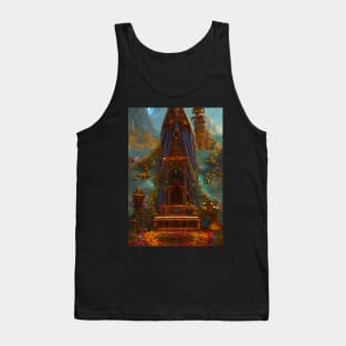Surreal Magical Alter and Tower in Beautiful Landscape with Birds, and Flowers by the Mountains Tank Top